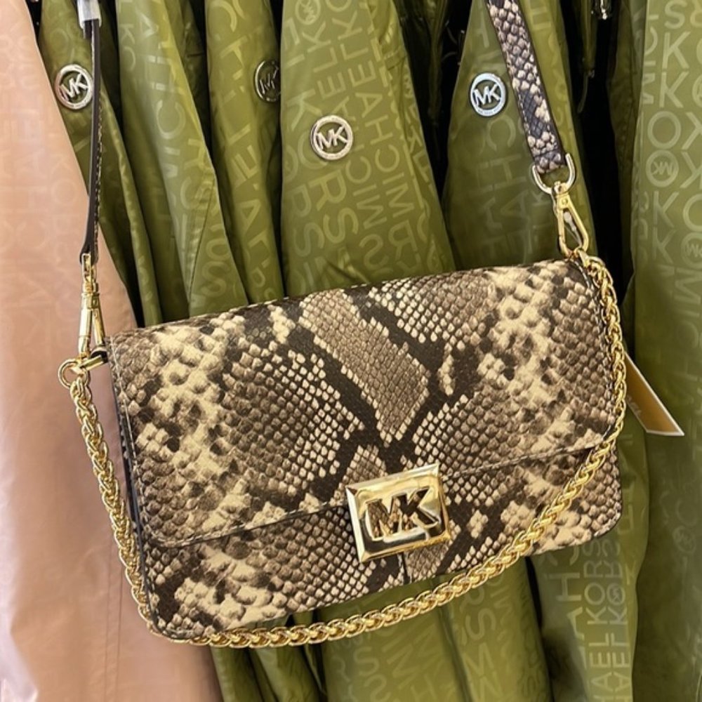 Michael Kors Sonia Medium Snake Embossed Shoulder Bag Natural - Picture 2 of 16